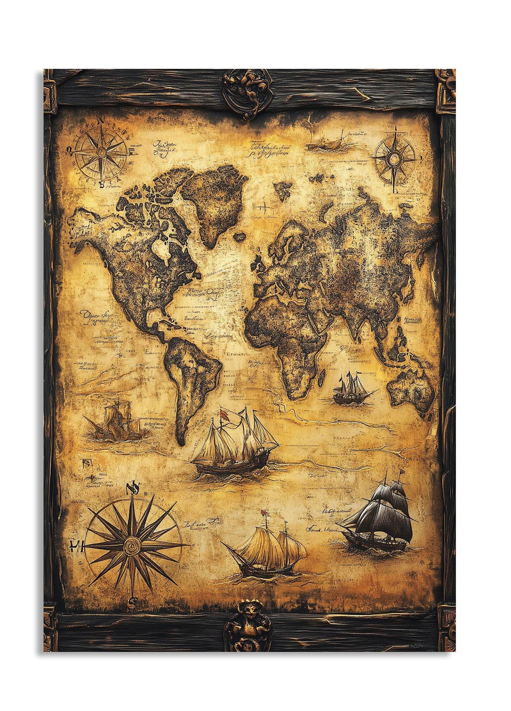 Vintage-style world map with ships and compasses on a brown background, as a premium aluminum metal print from GoMetalPrint.
