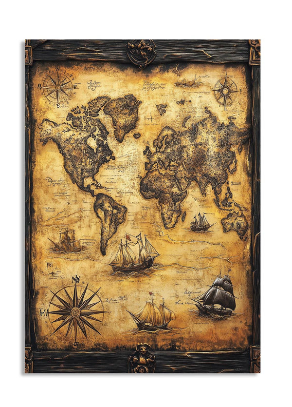 Vintage-style world map with ships and compasses on a brown background, as a premium aluminum metal print from GoMetalPrint.
