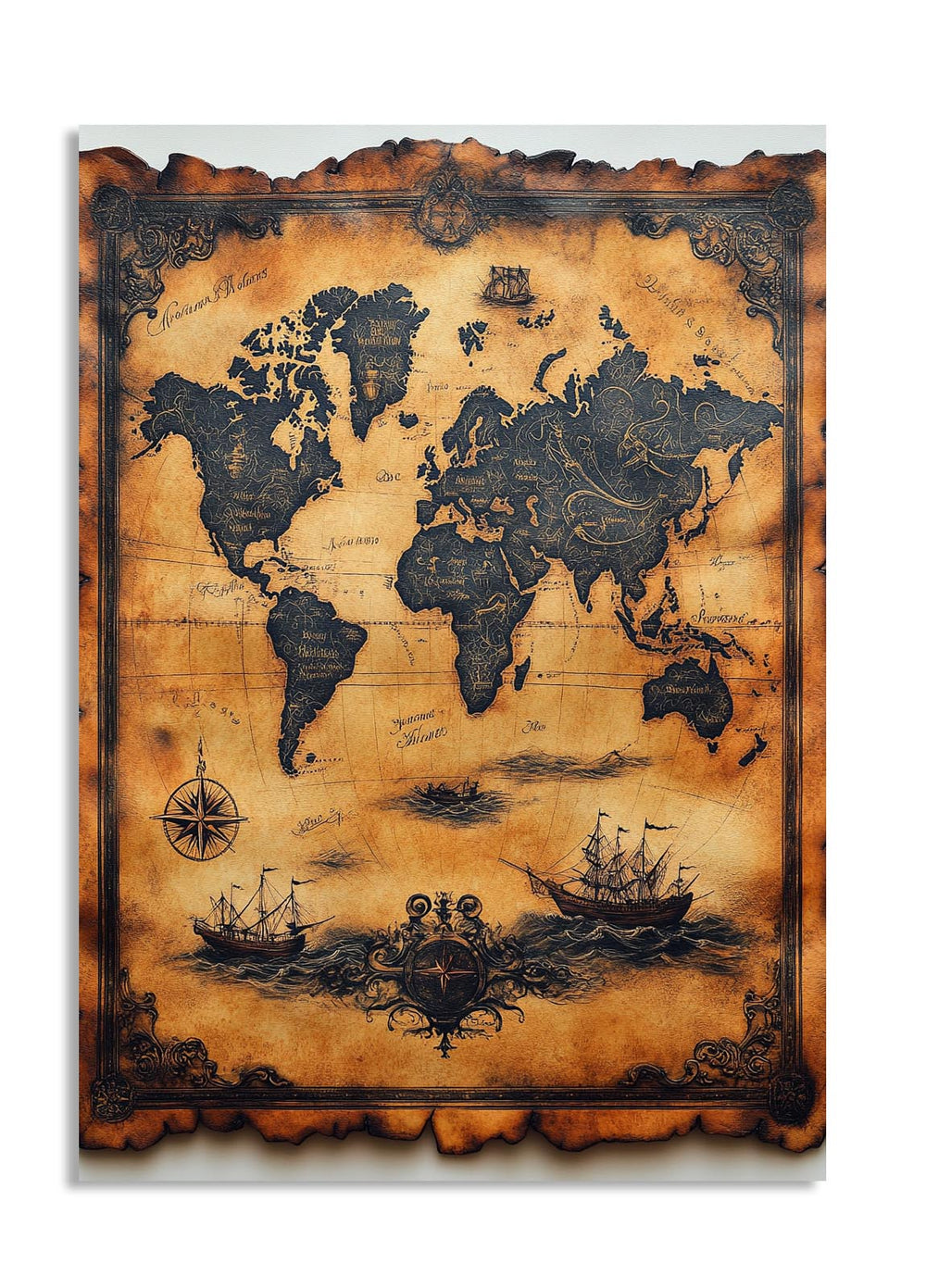 Vintage-style world map with ships on a white background, as a premium aluminum metal print from GoMetalPrint.
