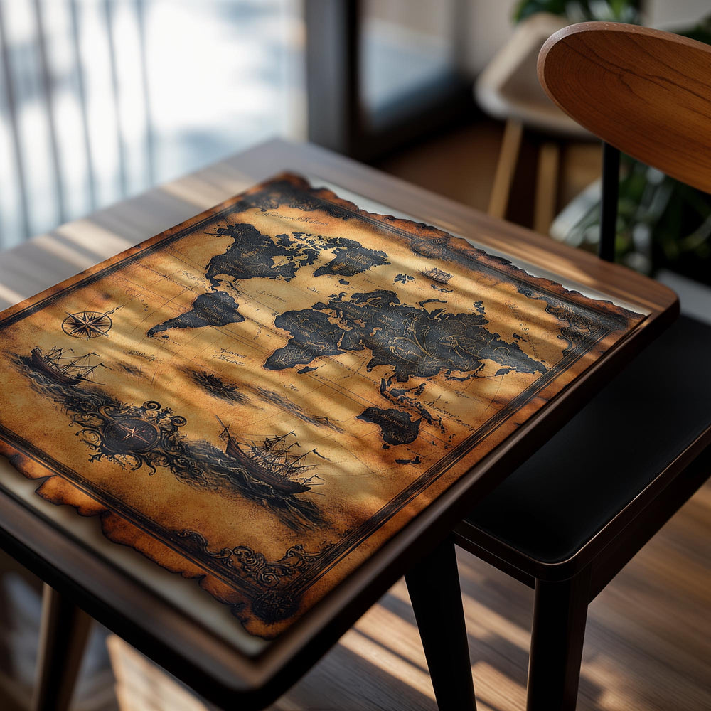 Vintage-style world map with ships on a white background, as a premium aluminum metal print from GoMetalPrint.
