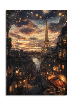 Futuristic cityscape with Eiffel Tower under a starry sky, as a premium aluminum metal print from GoMetalPrint.
