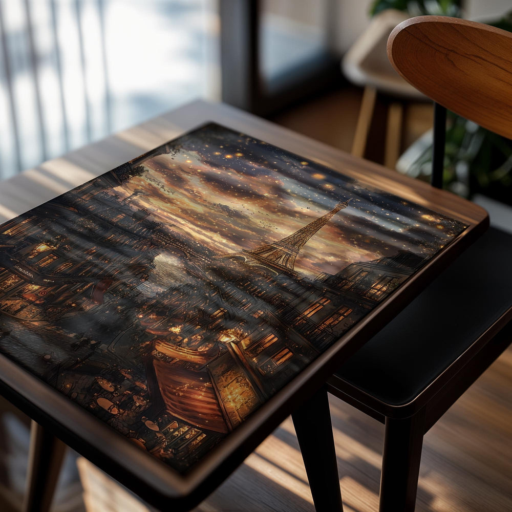 Futuristic cityscape with Eiffel Tower under a starry sky, as a premium aluminum metal print from GoMetalPrint.
