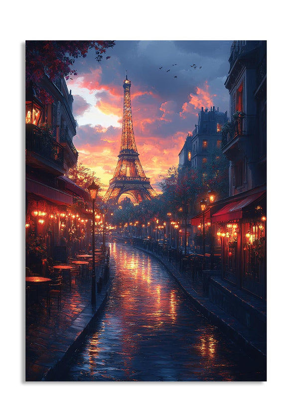 Eiffel Tower at sunset with a city street in the foreground, as a premium aluminum metal print from GoMetalPrint.

