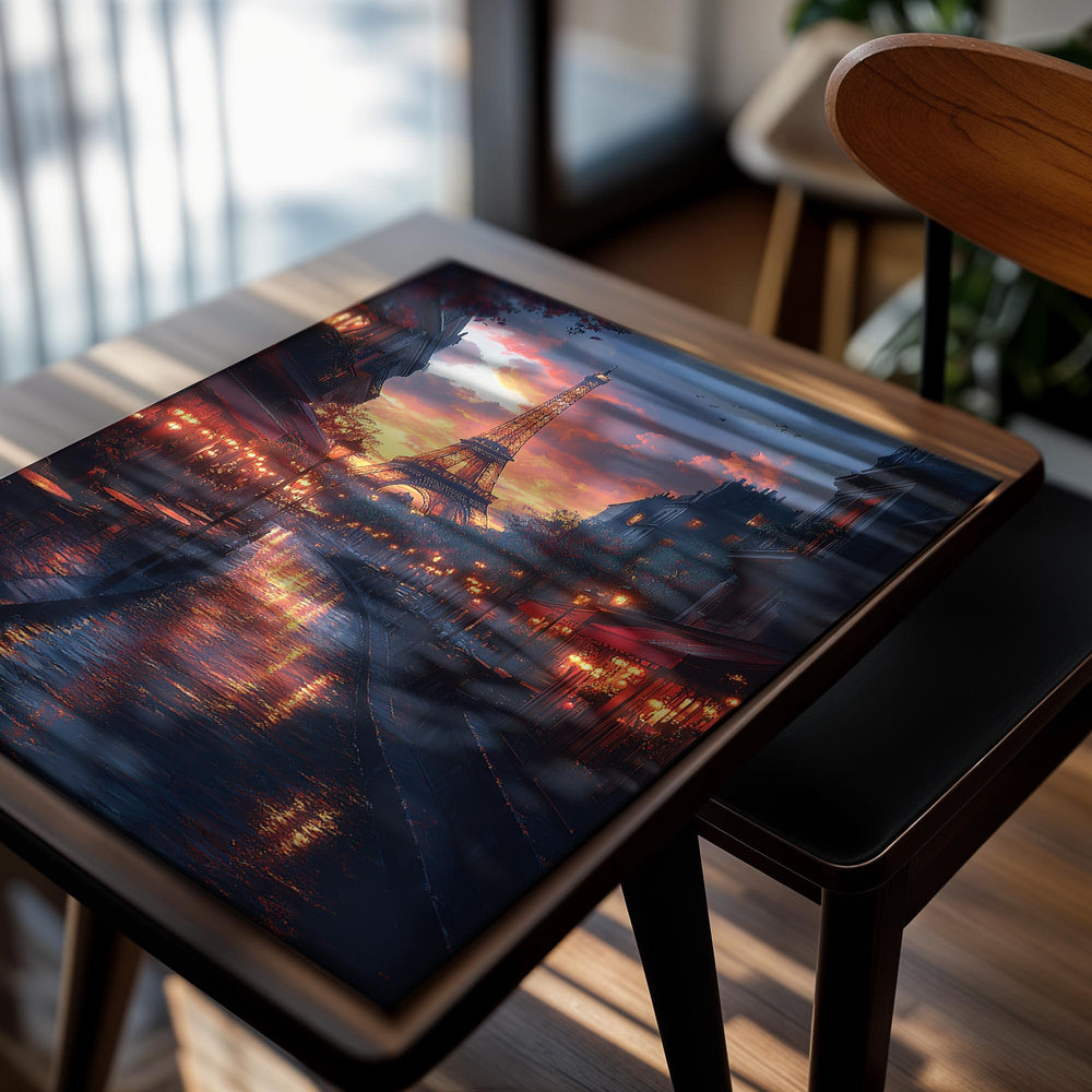 Eiffel Tower at sunset with a city street in the foreground, as a premium aluminum metal print from GoMetalPrint.
