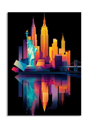 Colorful cityscape with iconic buildings and the Statue of Liberty on a black background, as a premium aluminum metal print from GoMetalPrint.

