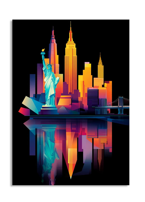 Colorful cityscape with iconic buildings and the Statue of Liberty on a black background, as a premium aluminum metal print from GoMetalPrint.
