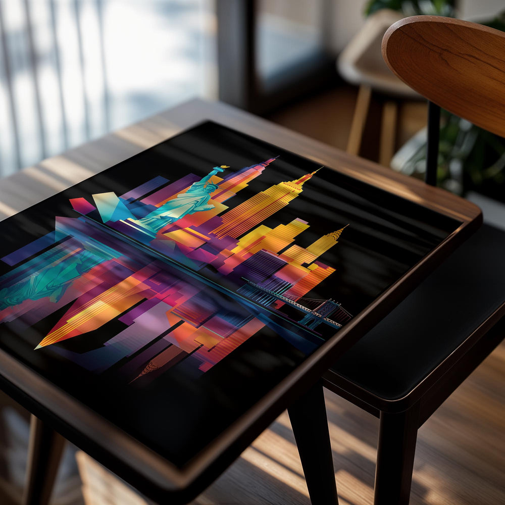 Colorful cityscape with iconic buildings and the Statue of Liberty on a black background, as a premium aluminum metal print from GoMetalPrint.
