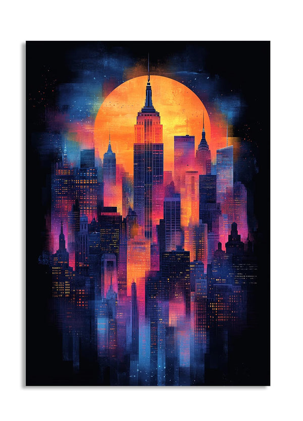 Colorful cityscape with a large orange moon in the sky, as a premium aluminum metal print from GoMetalPrint.
