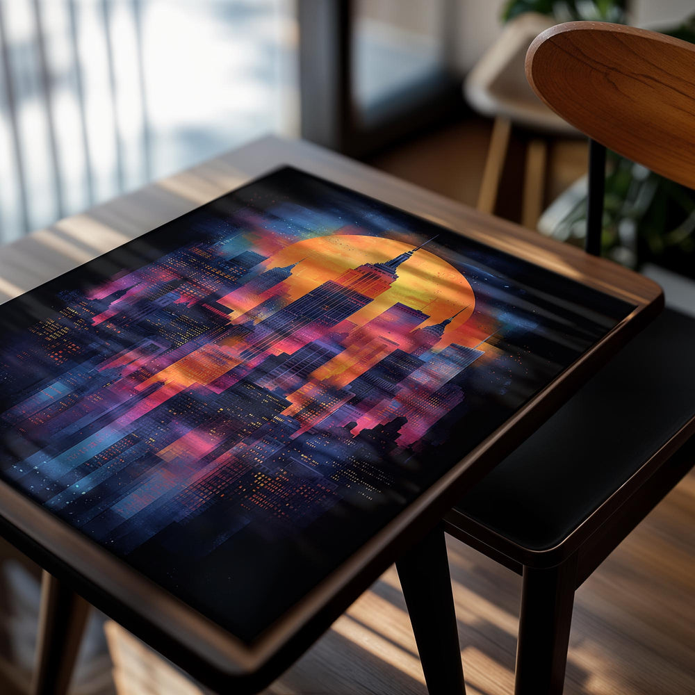 Colorful cityscape with a large orange moon in the sky, as a premium aluminum metal print from GoMetalPrint.
