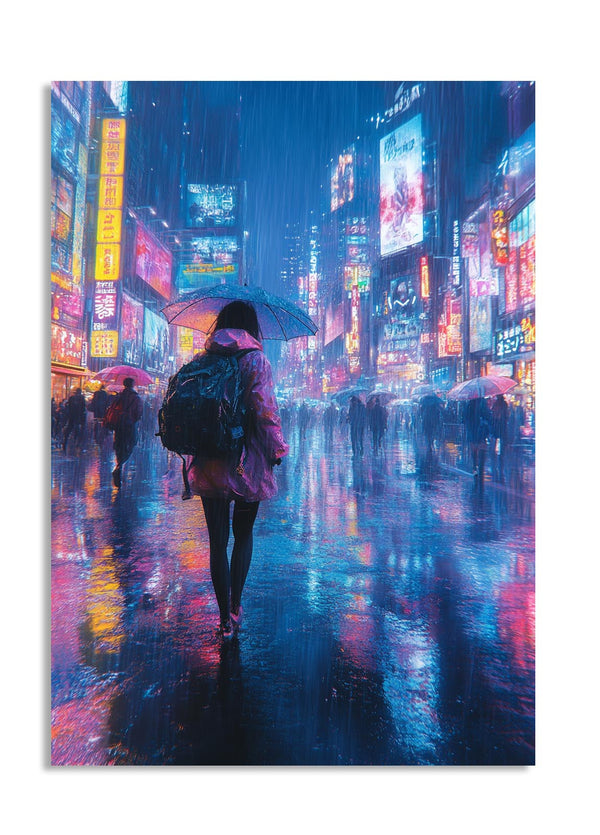 Person with an umbrella walking through a neon-lit city street at night, as a premium aluminum metal print from GoMetalPrint.

