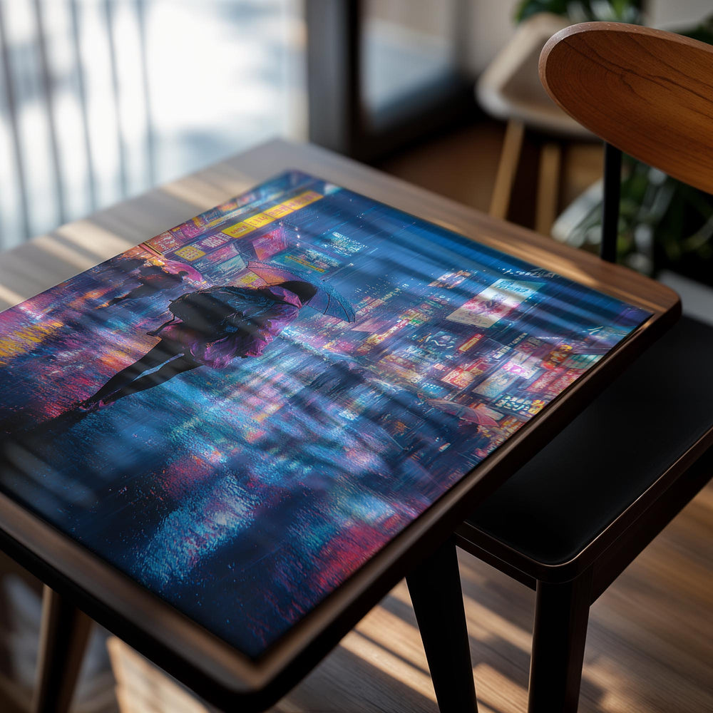 Person with an umbrella walking through a neon-lit city street at night, as a premium aluminum metal print from GoMetalPrint.
