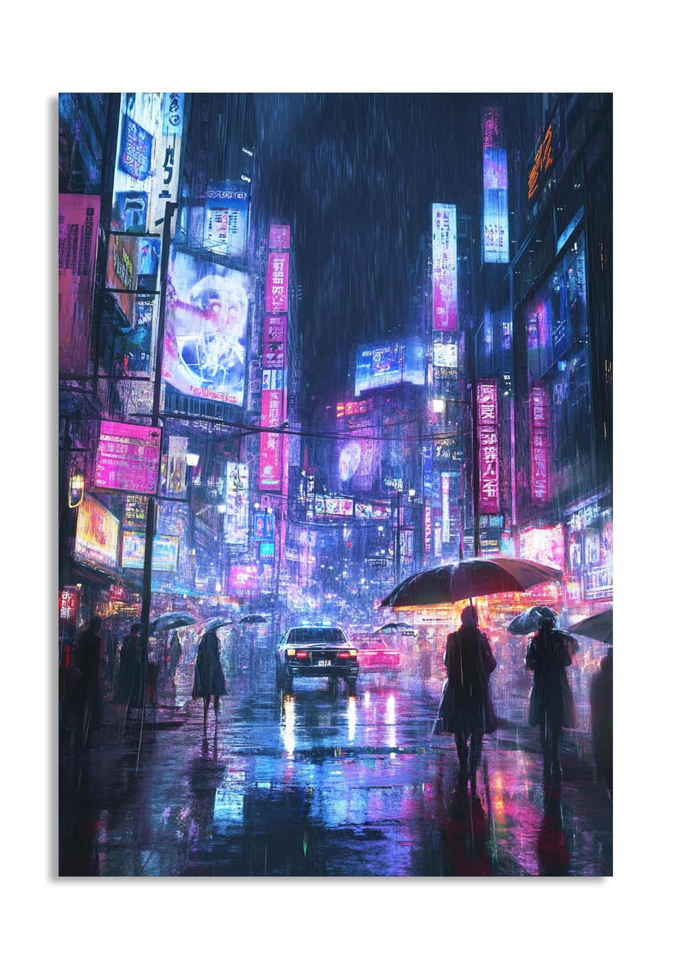 City street at night with neon lights and people with umbrellas, as a premium aluminum metal print from GoMetalPrint.
