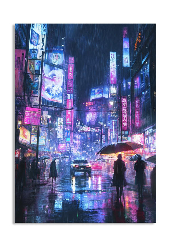 City street at night with neon lights and people with umbrellas, as a premium aluminum metal print from GoMetalPrint.
