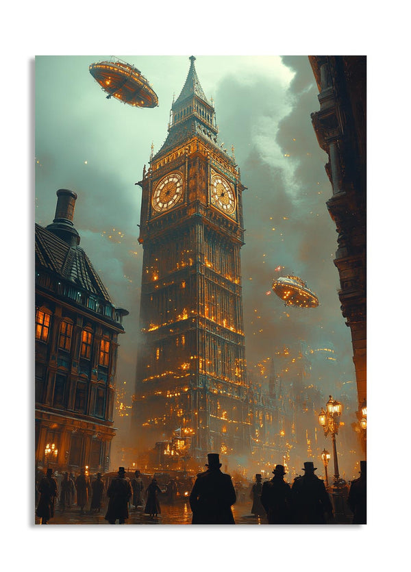 Futuristic scene with Big Ben, flying saucers, and people in a cityscape, as a premium aluminum metal print from GoMetalPrint.
