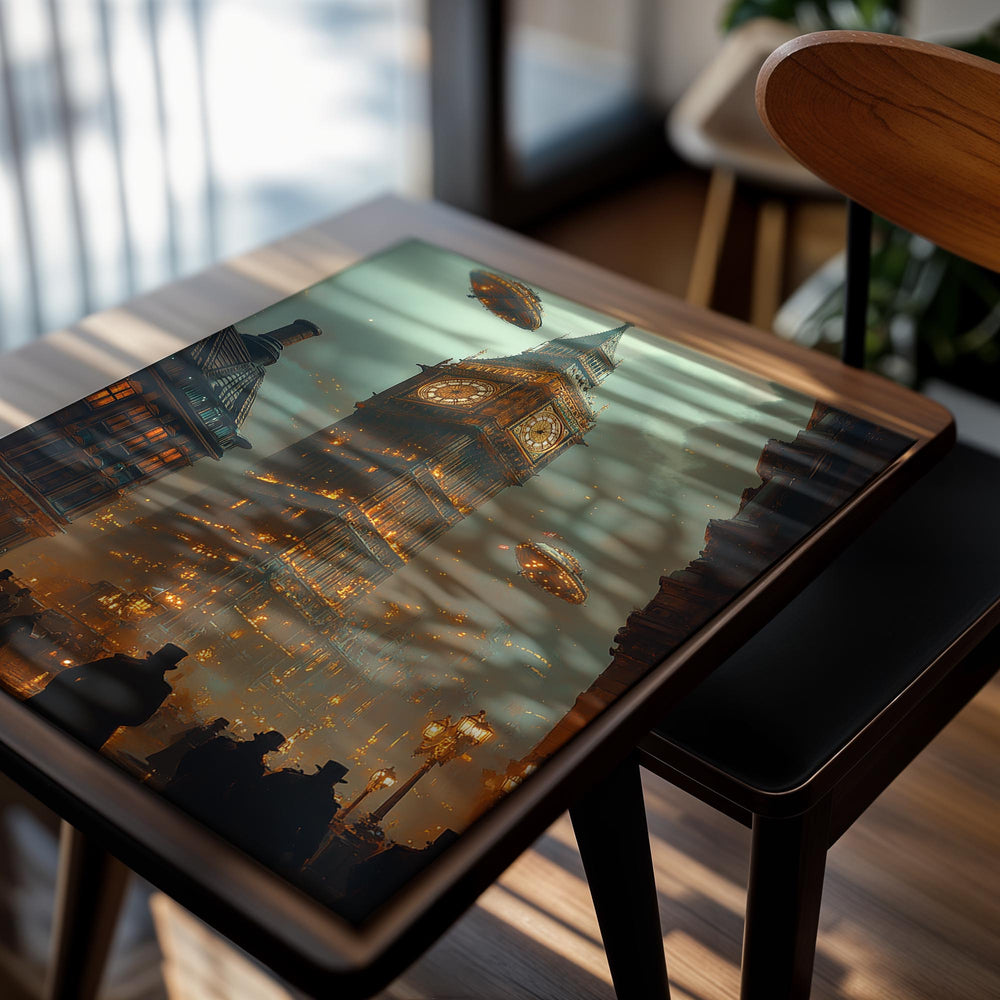 Futuristic scene with Big Ben, flying saucers, and people in a cityscape, as a premium aluminum metal print from GoMetalPrint.
