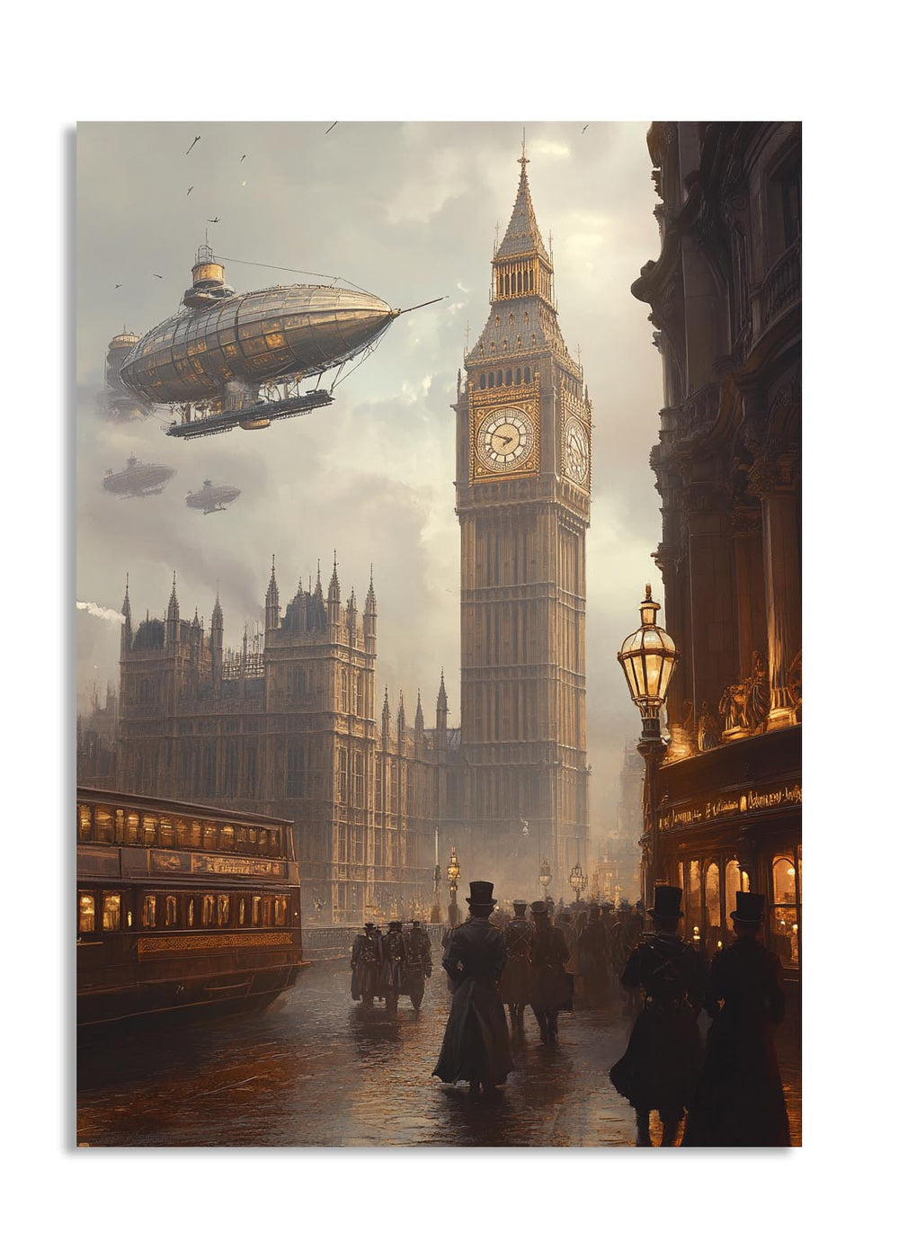 Vintage-style painting of a city street with a clock tower, airship, and people walking, as a premium aluminum metal print from GoMetalPrint.
