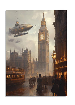 Vintage-style painting of a city street with a clock tower, airship, and people walking, as a premium aluminum metal print from GoMetalPrint.
