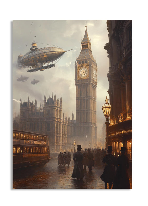Vintage-style painting of a city street with a clock tower, airship, and people walking, as a premium aluminum metal print from GoMetalPrint.
