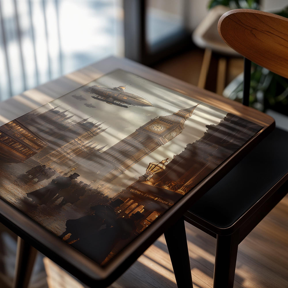 Vintage-style painting of a city street with a clock tower, airship, and people walking, as a premium aluminum metal print from GoMetalPrint.
