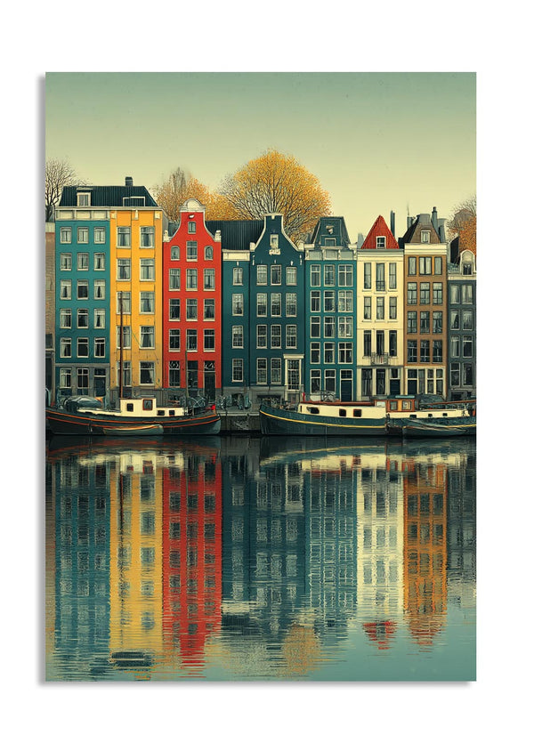 Colorful row of houses reflected in water with a gradient sky, as a premium aluminum metal print from GoMetalPrint.
