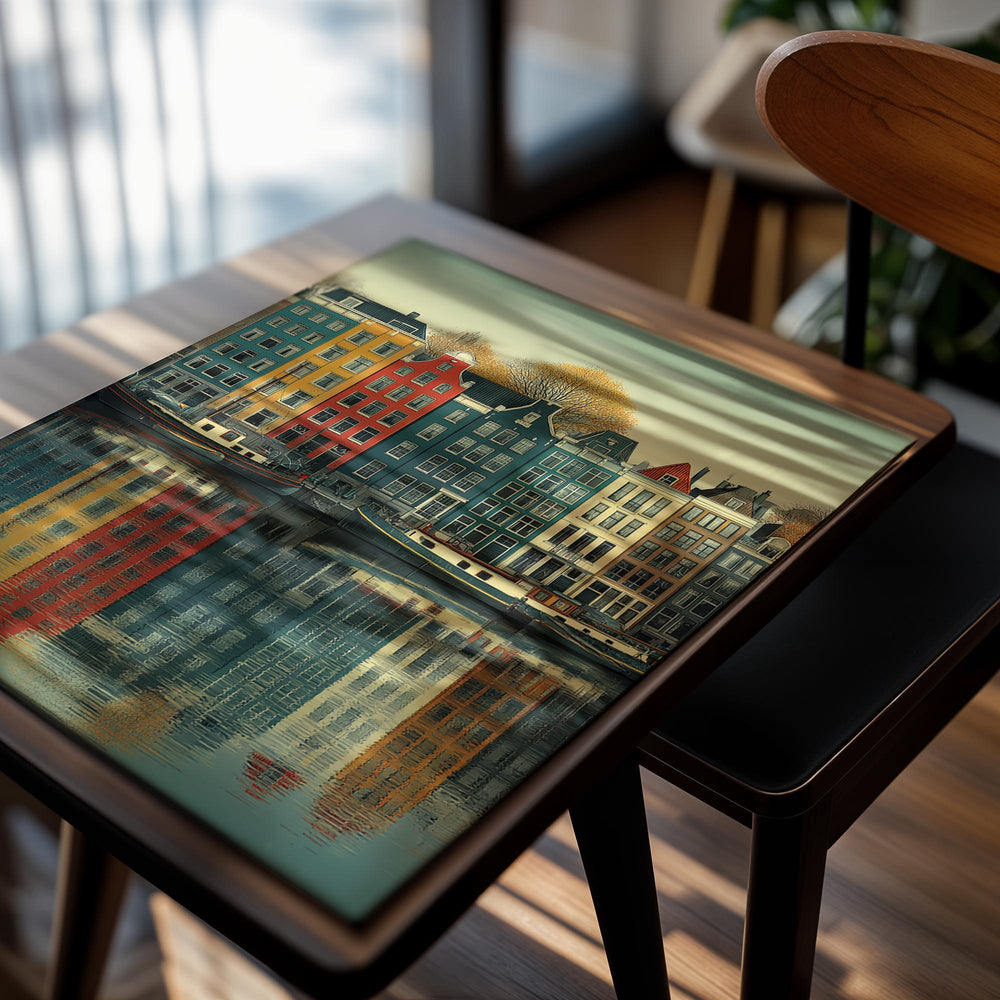 Colorful row of houses reflected in water with a gradient sky, as a premium aluminum metal print from GoMetalPrint.

