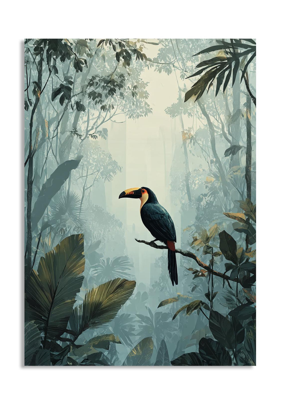 Toucan bird on a branch in a tropical forest setting, as a premium aluminum metal print from GoMetalPrint.
