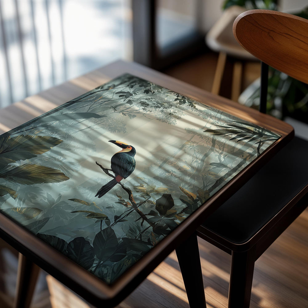 Toucan bird on a branch in a tropical forest setting, as a premium aluminum metal print from GoMetalPrint.
