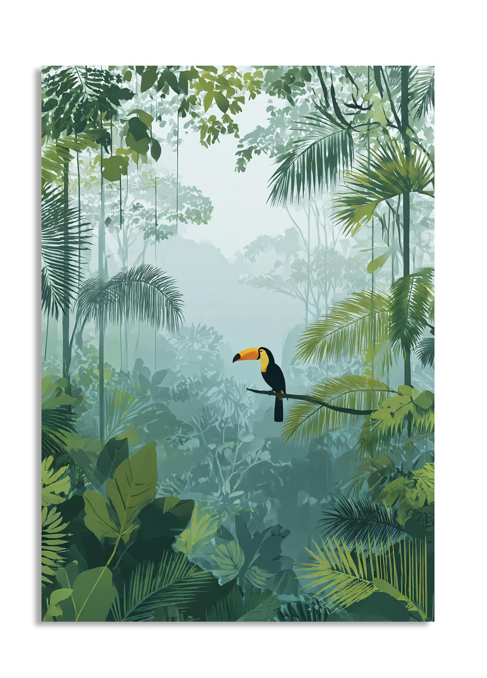 Tropical forest scene with a toucan on a branch, as a premium aluminum metal print from GoMetalPrint.
