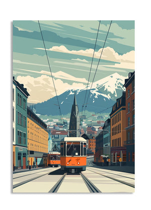 Vintage-style illustration of a city street with a tram and mountains in the background, as a premium aluminum metal print from GoMetalPrint.
