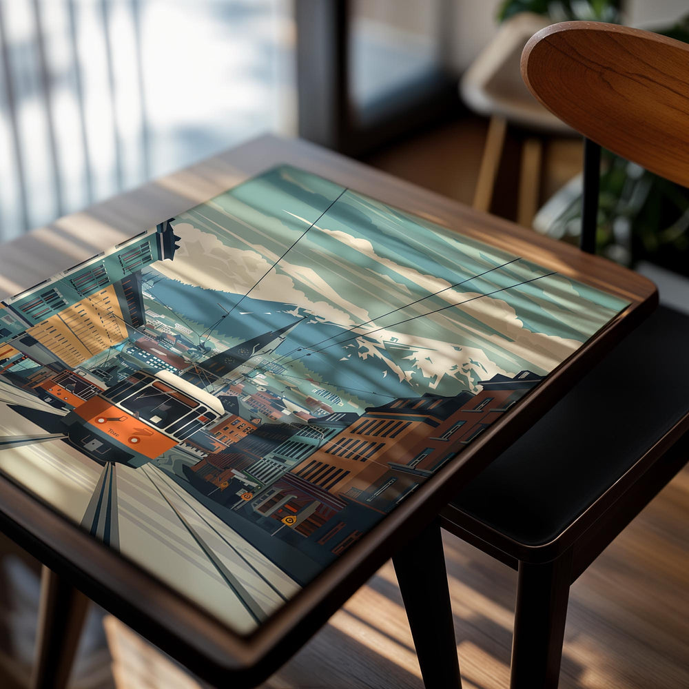 Vintage-style illustration of a city street with a tram and mountains in the background, as a premium aluminum metal print from GoMetalPrint.
