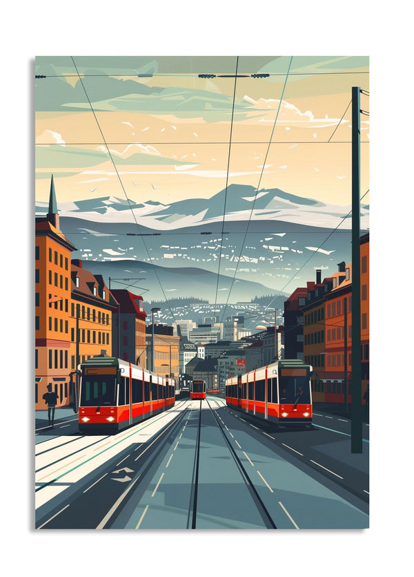 Illustration of a city street with red trams and mountains in the background, as a premium aluminum metal print from GoMetalPrint.
