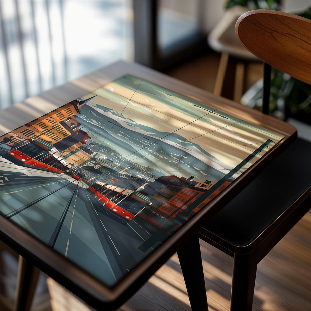 Illustration of a city street with red trams and mountains in the background, as a premium aluminum metal print from GoMetalPrint.
