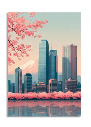 City skyline with cherry blossoms and Mount Fuji in the background, as a premium aluminum metal print from GoMetalPrint.
