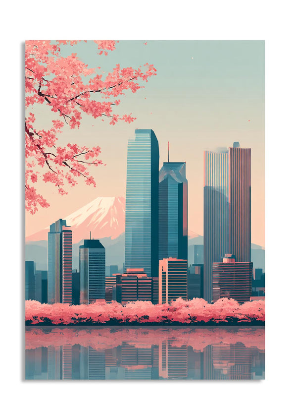City skyline with cherry blossoms and Mount Fuji in the background, as a premium aluminum metal print from GoMetalPrint.
