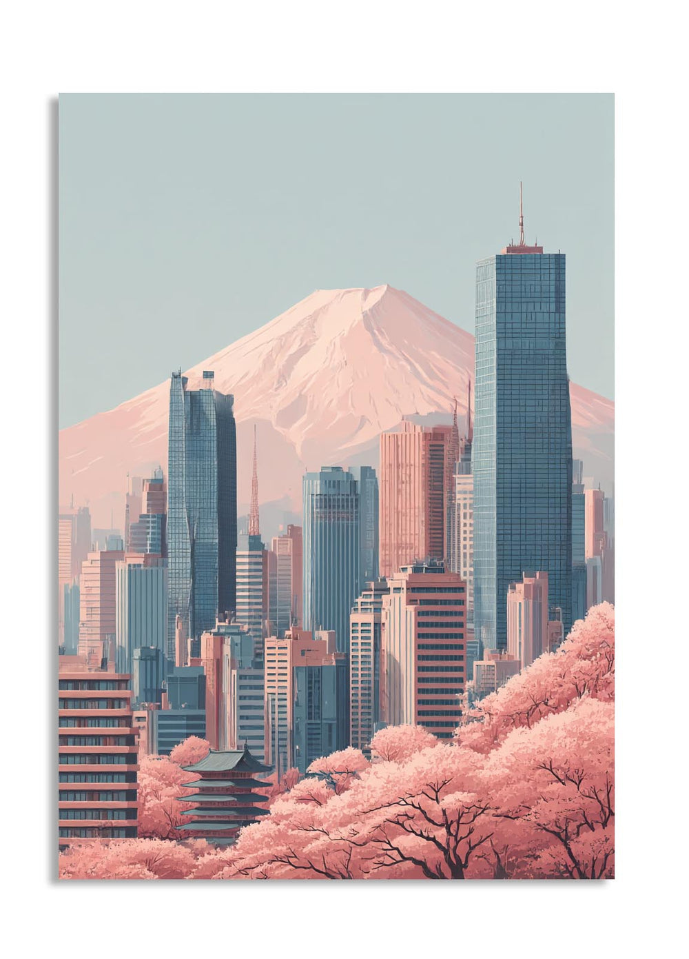 City skyline with cherry blossom trees and Mount Fuji in the background, as a premium aluminum metal print from GoMetalPrint.
