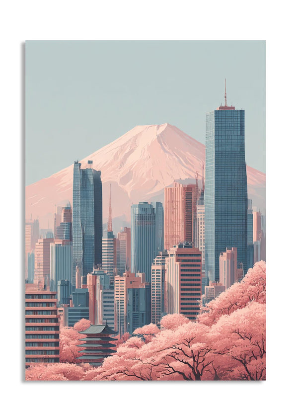 City skyline with cherry blossom trees and Mount Fuji in the background, as a premium aluminum metal print from GoMetalPrint.
