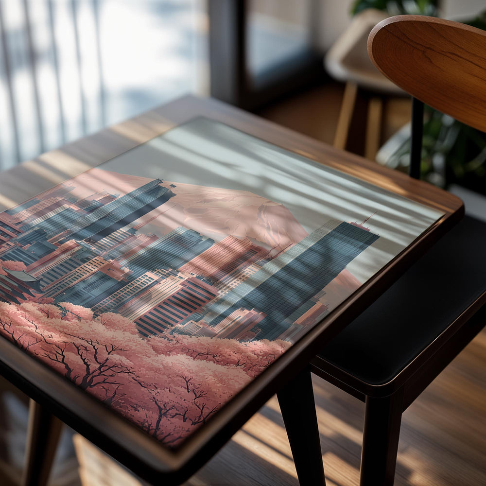 City skyline with cherry blossom trees and Mount Fuji in the background, as a premium aluminum metal print from GoMetalPrint.
