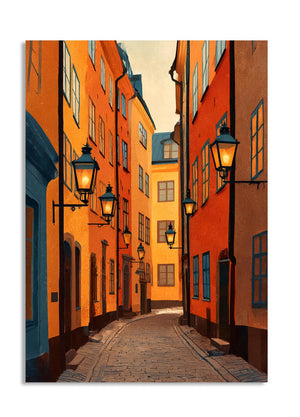 Painting of a narrow street with colorful buildings and streetlights, as a premium aluminum metal print from GoMetalPrint.
