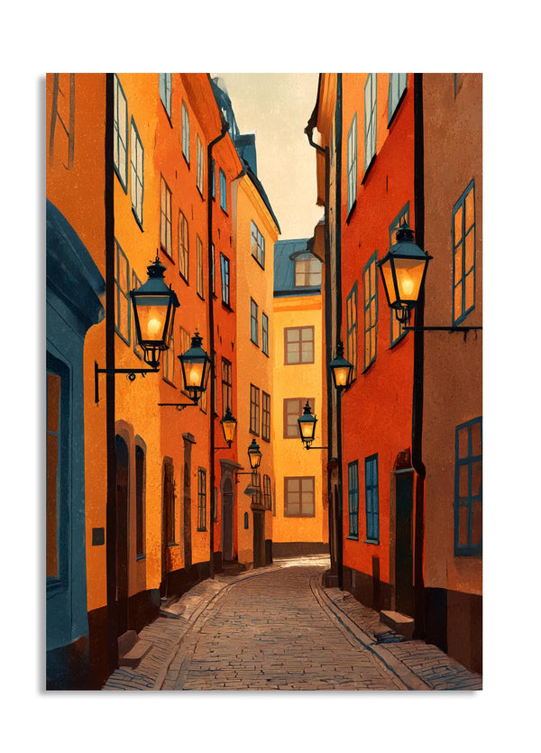 Painting of a narrow street with colorful buildings and streetlights, as a premium aluminum metal print from GoMetalPrint.
