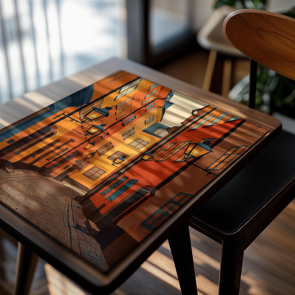 Painting of a narrow street with colorful buildings and streetlights, as a premium aluminum metal print from GoMetalPrint.
