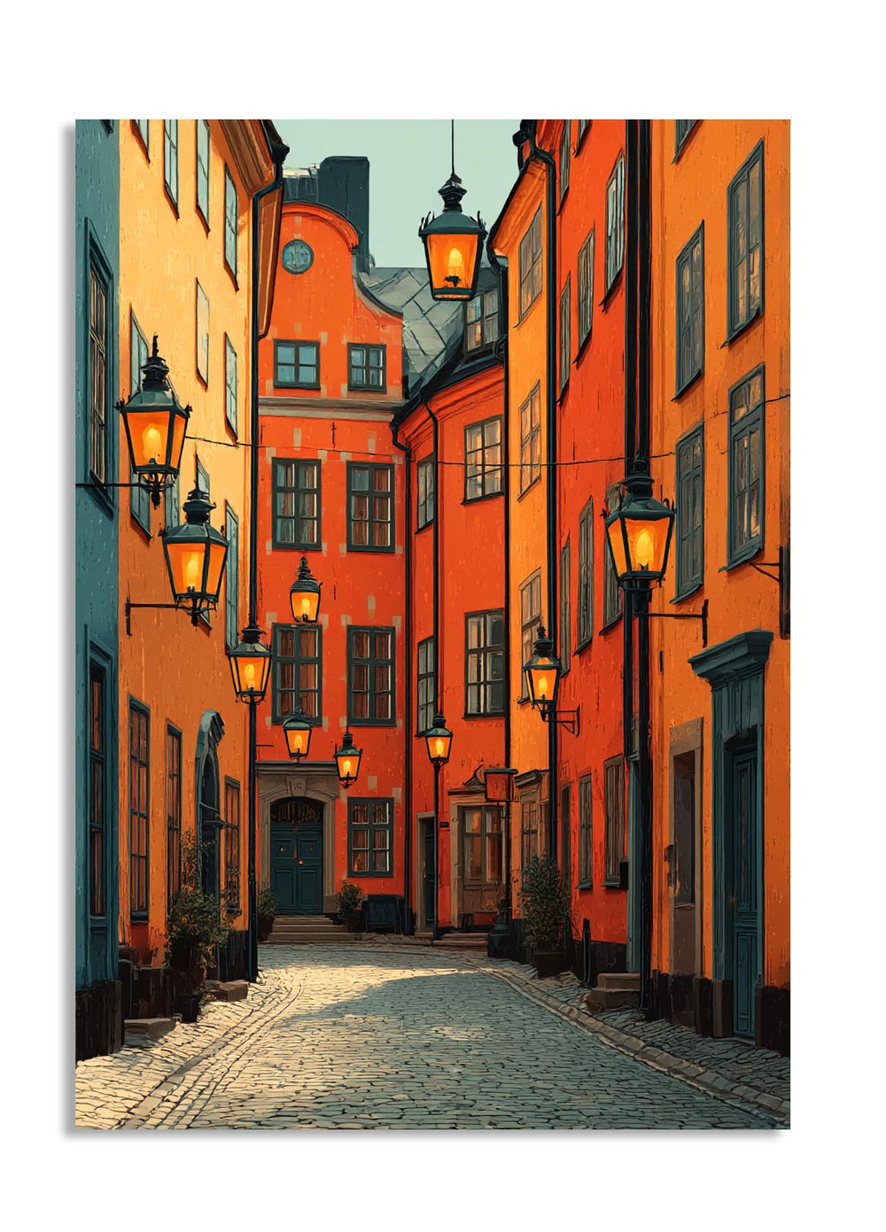 Colorful street scene with old buildings and street lamps in a European city, as a premium aluminum metal print from GoMetalPrint.
