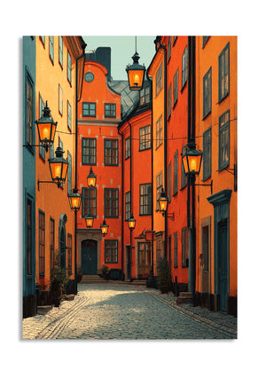 Colorful street scene with old buildings and street lamps in a European city, as a premium aluminum metal print from GoMetalPrint.

