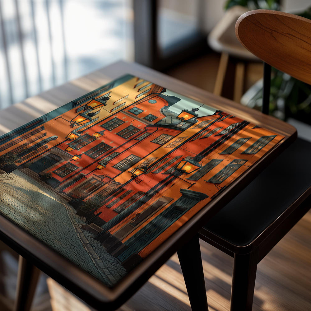 Colorful street scene with old buildings and street lamps in a European city, as a premium aluminum metal print from GoMetalPrint.
