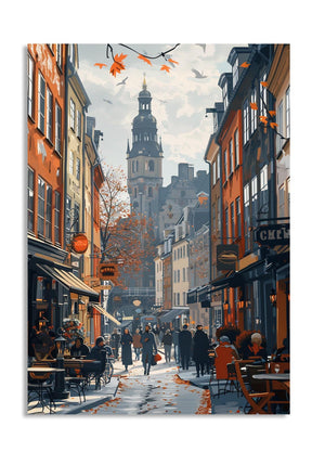 Painting of a European street scene with people, cafes, and a prominent clock tower, as a premium aluminum metal print from GoMetalPrint.
