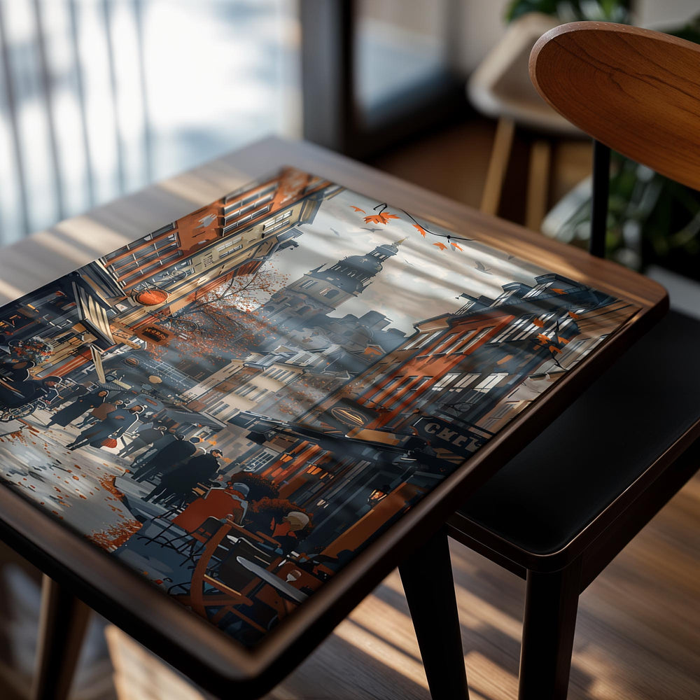 Painting of a European street scene with people, cafes, and a prominent clock tower, as a premium aluminum metal print from GoMetalPrint.

