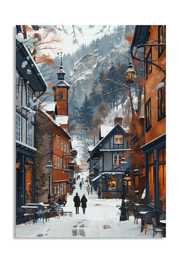 Snowy street scene with people walking, buildings, and mountains in the background, as a premium aluminum metal print from GoMetalPrint.
