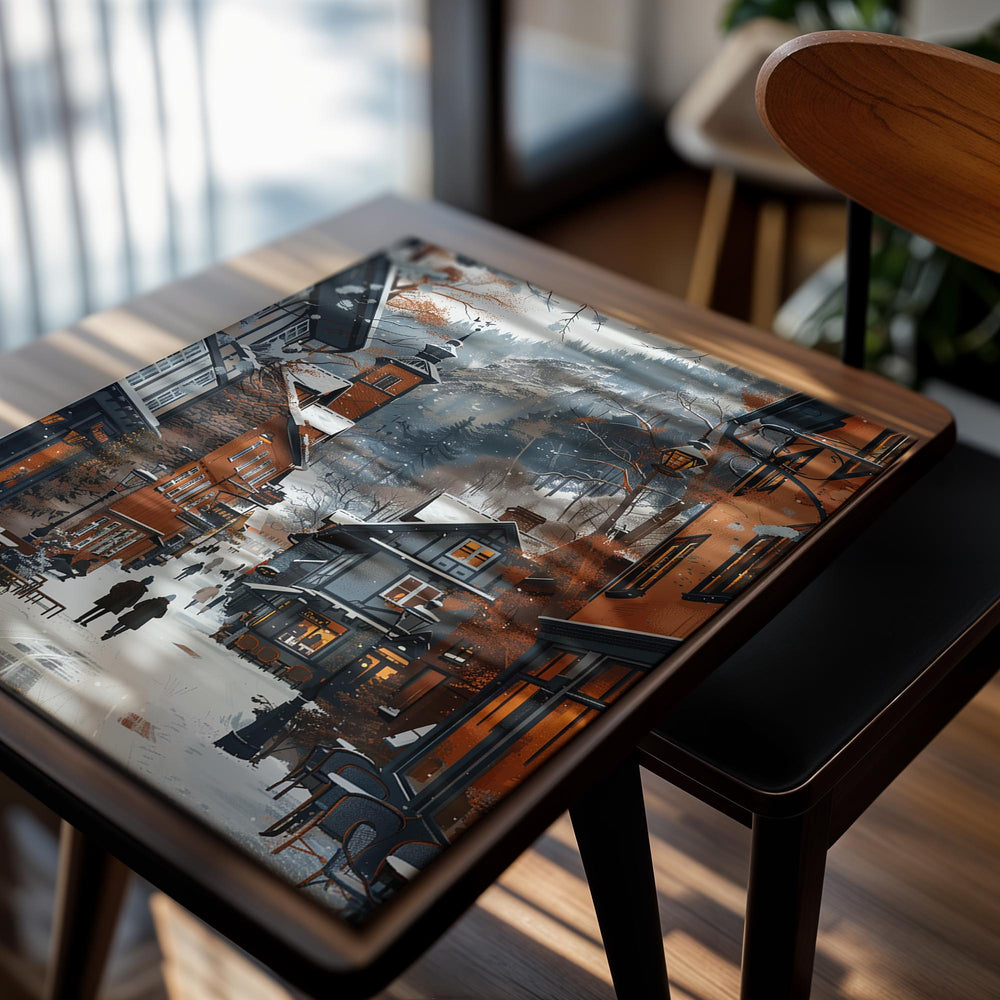 Snowy street scene with people walking, buildings, and mountains in the background, as a premium aluminum metal print from GoMetalPrint.
