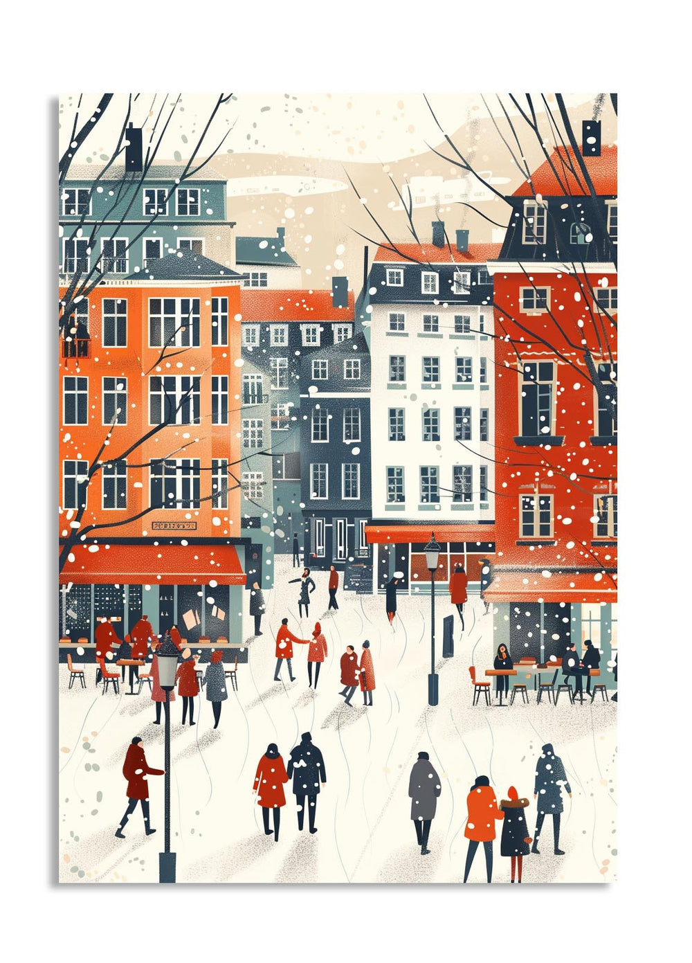 Illustration of a snowy street scene with people in winter clothing and colorful buildings, as a premium aluminum metal print from GoMetalPrint.
