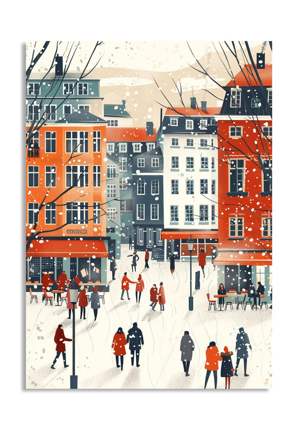 Illustration of a snowy street scene with people in winter clothing and colorful buildings, as a premium aluminum metal print from GoMetalPrint.
