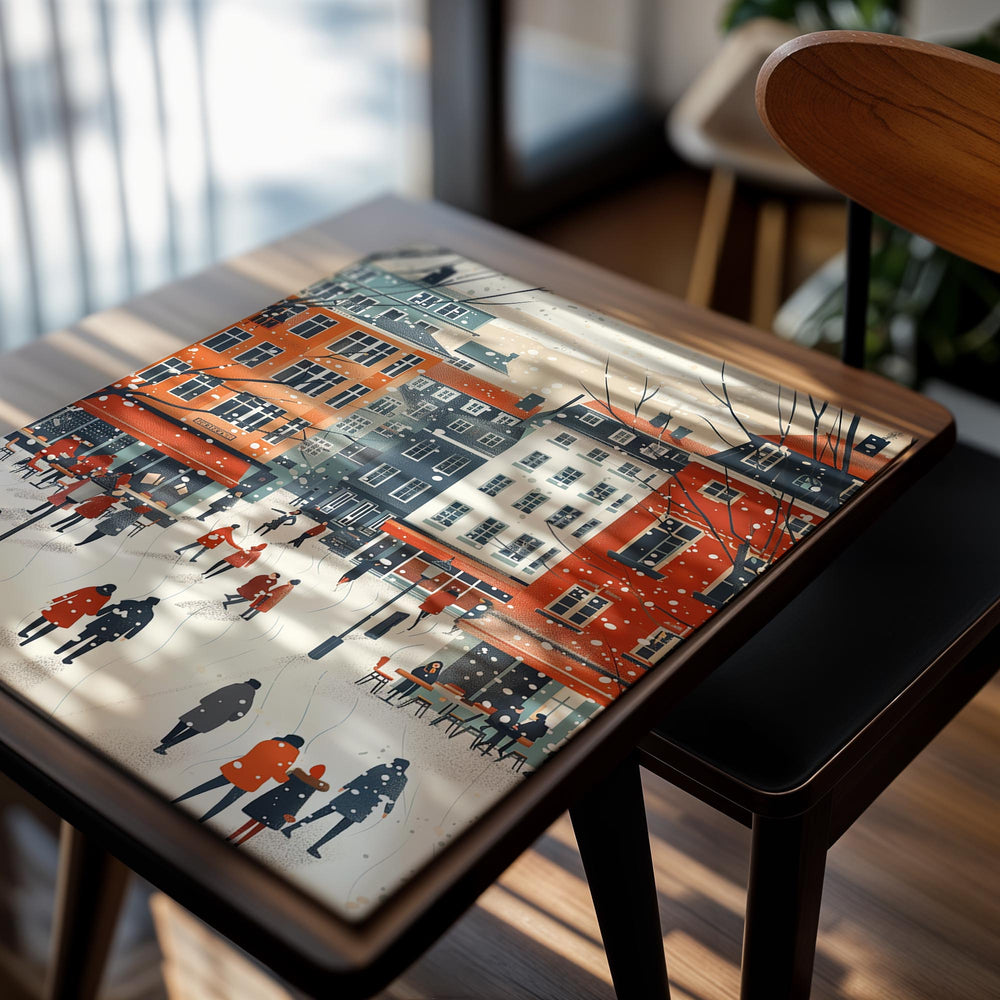 Illustration of a snowy street scene with people in winter clothing and colorful buildings, as a premium aluminum metal print from GoMetalPrint.
